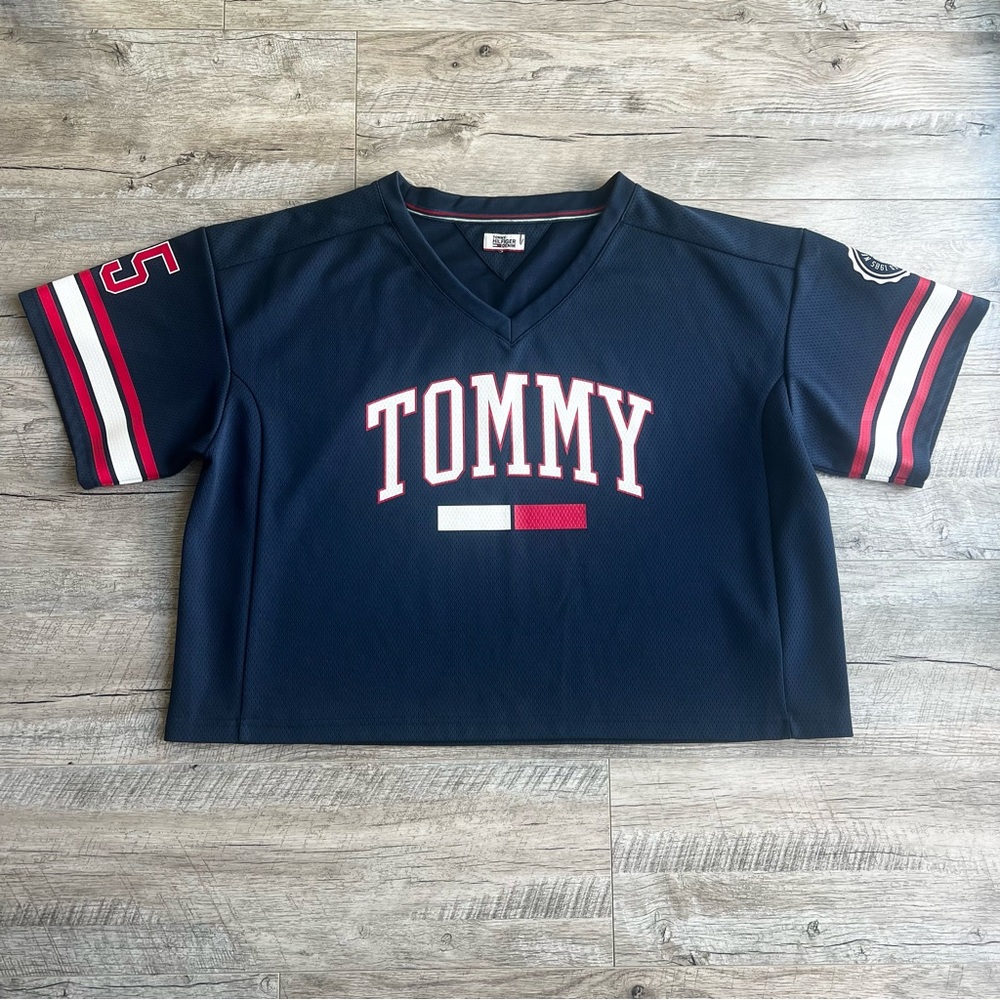Rare Tommy Hilfiger Vintage Feel Athletic Jersey Cropped Heavyweight Shirt